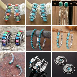 Boucles d'oreilles créoles bohème Style ethnique Turquoise ronde pour femmes Vintage exagéré fête vacances bijoux accessoires