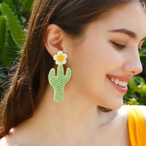 Boucles d'oreilles créoles bohème fait à la main perles de riz fleur marguerite vacances idyllique Cactus femme grande boucle d'oreille