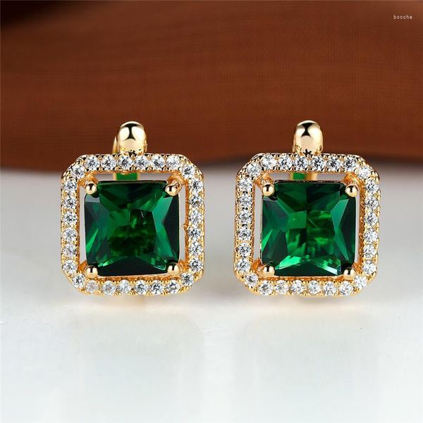 Pendientes de aro bohemios de Color dorado para mujer, pequeños y bonitos, piedra natal de cristal, piedra cuadrada, circonita verde, joyería