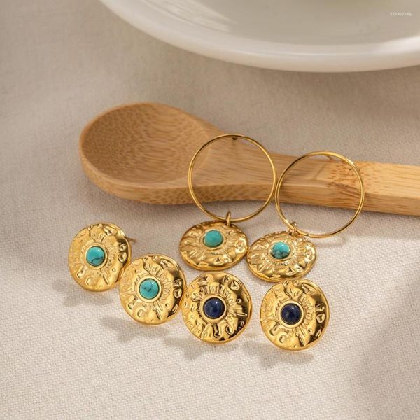 Boucles d'oreilles créoles Boho Vintage pierre naturelle pour femmes acier inoxydable cercle rond bijoux cadeau Brincos