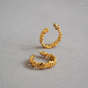 Boucles d'oreilles créoles en laiton doré, Niche japonaise et coréenne, fil plat tissé enveloppé en forme de C, boucle d'oreille à aiguille en argent 925