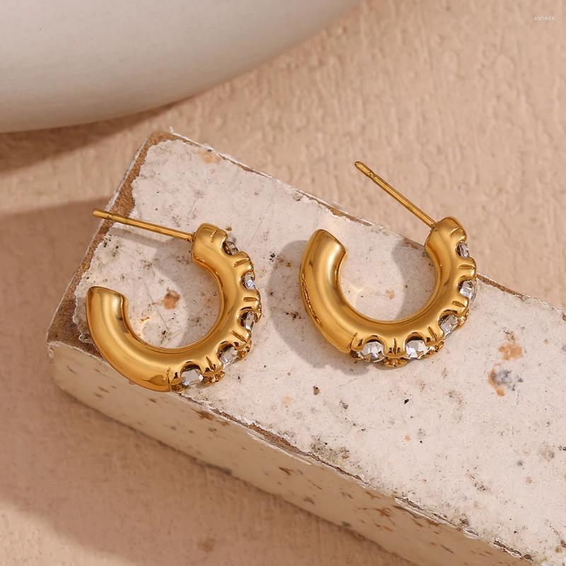 Hoop Earrings C-shaped Prong Zircon Tarnish Free 316L Stainless Steel Accessories 18K Gold Plated For Women