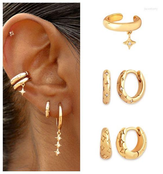 Boucles d'oreilles créoles Cartilage Perforation femmes 925 argent Sterling oreille aiguille étoiles trois pièces empilés mode Punk bijoux
