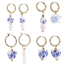 Pendientes de aro, gafas de cerámica, diseño de moda, porcelana azul y blanca, hebilla de oreja, aleación, accesorios de joyería coreana para mujer