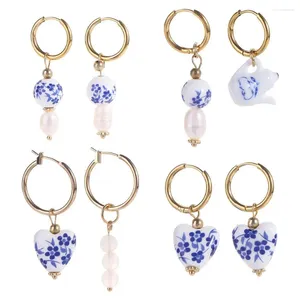 Boucles d'oreilles créoles en céramique pour femmes, Design de mode, boucle d'oreille en porcelaine bleue et blanche, accessoires de bijoux coréens en alliage pour femmes