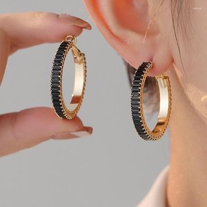 Boucles d'oreilles créoles à breloques pour femmes, bijoux ronds en Zircon noir, argent et or, pour mariage, pierre blanche