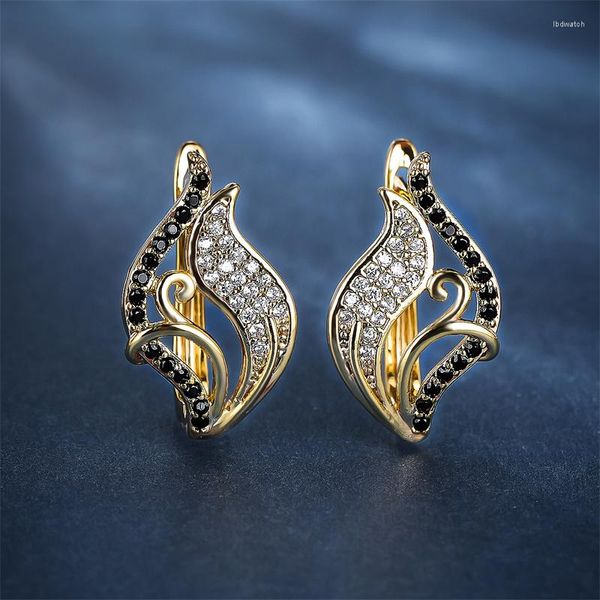 Boucles d'oreilles créoles breloque femme noir Zircon pierre mignon couleur or jaune pour les femmes luxe cristal feuille mariage