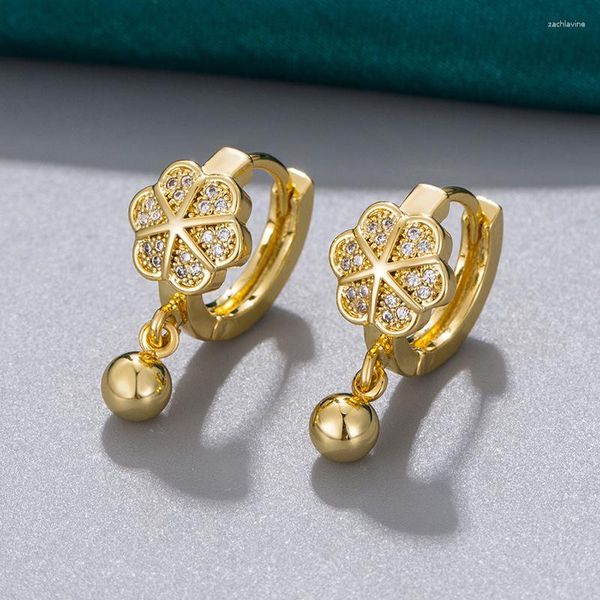 Pendientes de aro con dije de flor de planta para mujer, cuentas redondas de Color dorado antiguo, hebilla de oreja pequeña de circón, joyería para fiesta de boda y cumpleaños