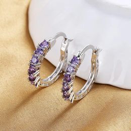 Boucles d'oreilles cerceaux Charme Purple Zircon Tiny Round Stone for Women Color Silver Vintage Wedding Small Ear Buckle Engagement Jewelry CZ