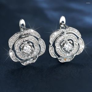 Boucles d'oreilles créoles en argent, Clip de fleur Rose pour femmes, petit Zircon blanc camélia, bijoux de mariage romantiques