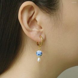 Boucles d'oreilles créoles en porcelaine chinoise bleue et blanche, pendentif délicat en forme de cœur d'amour, théière, Design minoritaire, sens