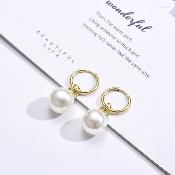 Pendientes de aro circulares de acero inoxidable para mujer, perlas grandes redondas, Color dorado y plateado, joyería de cristal con diamantes de imitación, bisutería