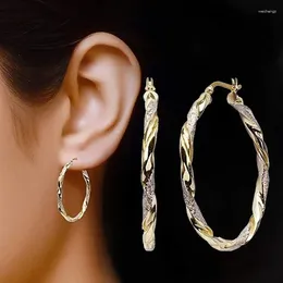 Pendientes de aro clásicos con incrustaciones redondas de circonita blanca, joyería de moda 2024, exquisita boda de Metal de dos tonos para mujer