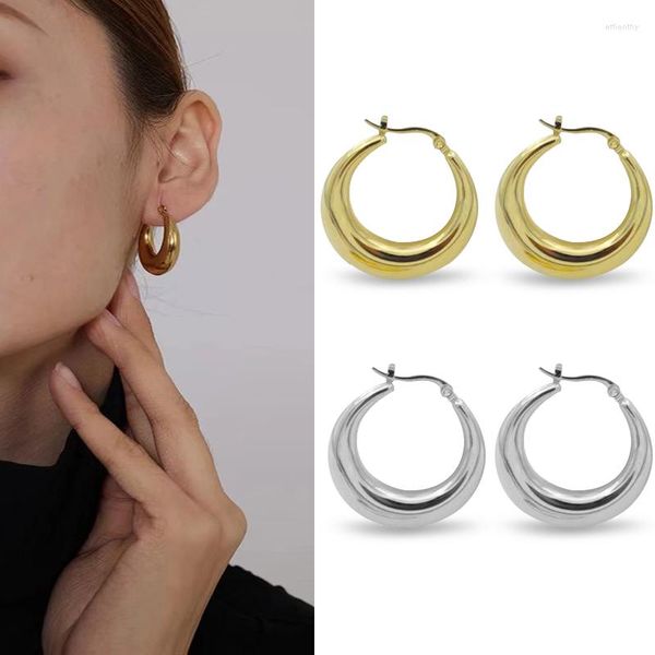 Boucles d'oreilles créoles classiques en acier inoxydable lisse boucle d'oreille couleur or cercle rond épais pour femmes fille Punk Piercing bijoux 25mm