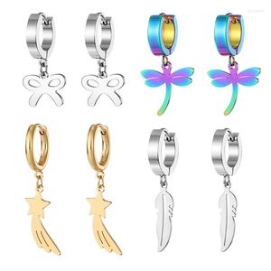 Boucles d'oreilles cerceau coloré libellule creux plume acier inoxydable pour femmes hommes Punk Simple nœud étoile bijoux