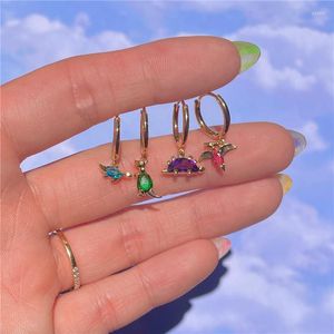 Pendientes de aro de dinosaurio de circón colorido para mujeres y niñas, bonitos anillos de oreja de animales, regalos de joyería Vintage