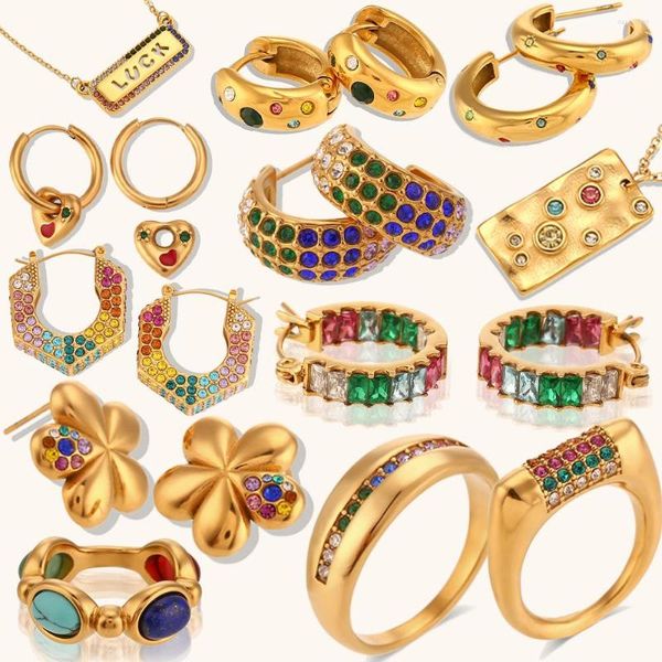 Boucles d'oreilles cerceau coloré Zircon en acier inoxydable pour les femmes exquis Piercing Cartilage Huggie anneaux collier bijoux cadeau
