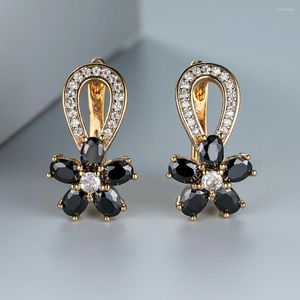 Pendientes de aro Cool Black Flower para mujer 18K chapado en oro Diseño hueco Tiny Zircon Stone Dangle Joyería estética