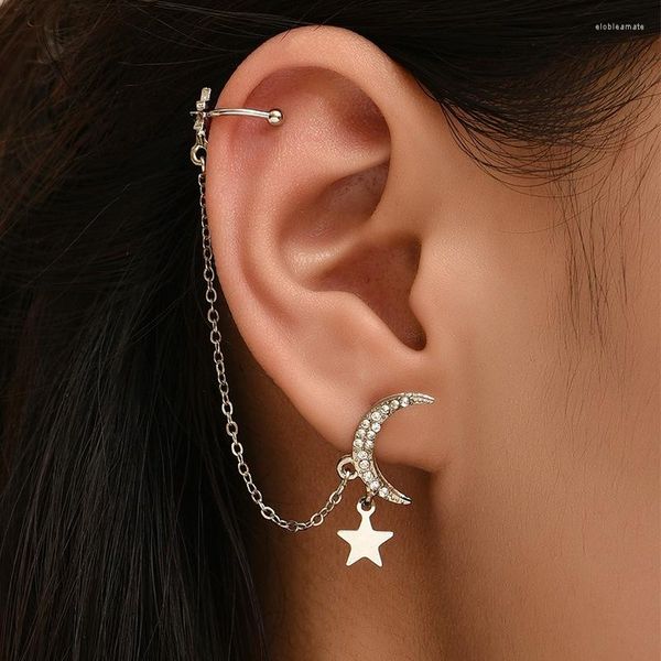 Boucles d'oreilles cerceau créatif Simple lune étoile brillant strass longue chaîne pour les femmes croissant gland Piercing boucle d'oreille bijoux de fête