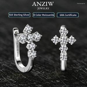 Pendientes de aro Cross 925 Silver 2.5 mm Moissanite Huggie for Women Men Certificado Faith Charm Jewelry Fiesta de bodas Regalo