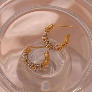 Boucles d'oreilles créoles en acier inoxydable plaqué or, jolies petites perles pavées de 15mm pour filles, ne ternissent pas
