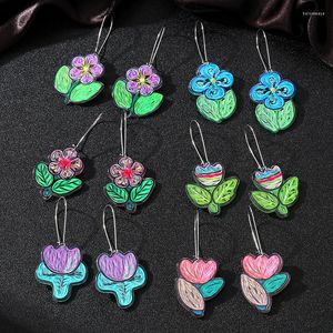 Pendientes de aro lindo patrón de planta de flores coloridas para mujeres acrílico coreano pintura al óleo epoxi pendiente joyería