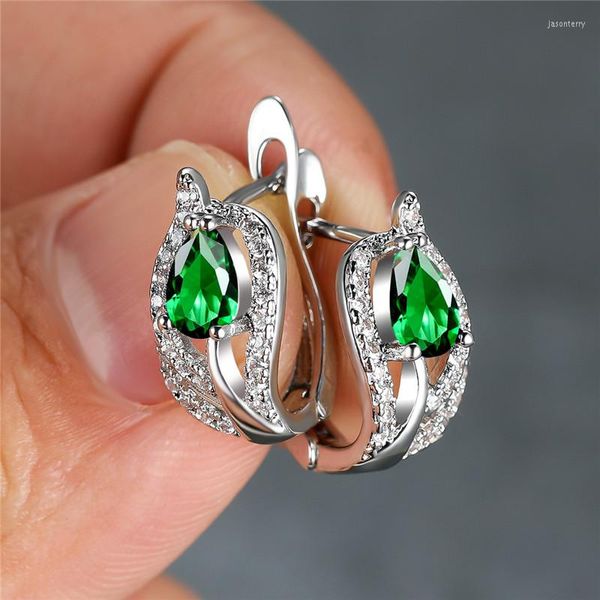 Pendientes de aro bonitos para mujer, piedra verde, abalorio de hoja de cristal de lujo, Color plateado, boda para mujer