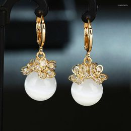 Pendientes de aro bonitos para mujer, rosa, blanco, piedra redonda, cristal de lujo, clásico, Color oro amarillo, boda para mujer