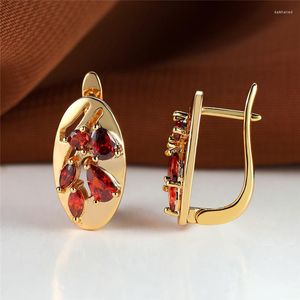 Boucles d'oreilles créoles mignon rouge Zircon goutte d'eau pierre charme femme ovale Champagne couleur or mariage pour les femmes