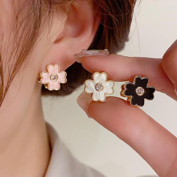 Pendientes de aro con bonita flor de dos caras para mujer, aretes negros chapados en oro de 14 quilates de cobre coreano de alta calidad, joyería de moda 2023