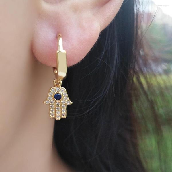 Pendientes de aro CZ Pave Mano de Fátima Pendiente Color dorado Hamsa Huggie Joyería Pendientes Bohemios Egirl Earing Hoops al por mayor