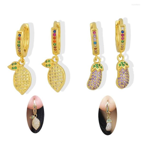 Boucles d'oreilles créoles CZ pavé petit anneau citron aubergine boucle d'oreille Huggies fille été charme bijoux Pendientes Piercing Oreja fête mignon cerceaux jeune