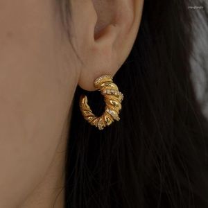 Boucles d'oreilles créoles pierre Cz pavé corne torsion corde pour femmes acier inoxydable couleur or minimaliste délicat Pvd bijoux