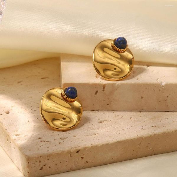 Boucles d'Oreilles Créoles DEAR-LIFE Plaqué Or Rond Incrusté Lapis Lazuli Clou Léger Luxe Femme Bijoux