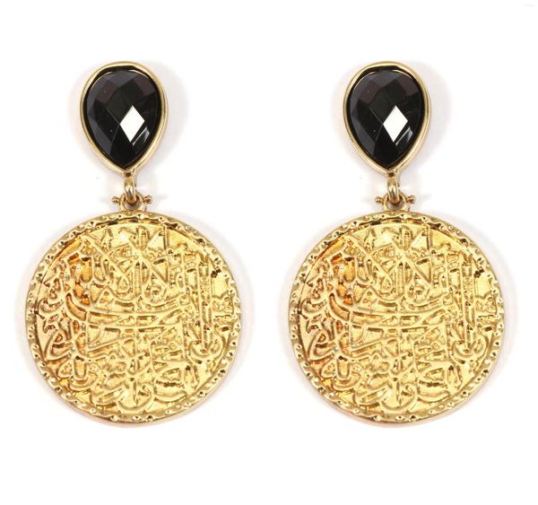 Boucles d'oreilles créoles design en gros plaqué or 18 carats pierre noire noms arabes déclaration ronde goutte femmes