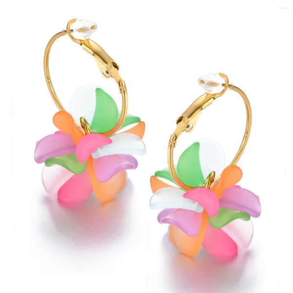 Pendientes de aro de diseño con flores acrílicas coloridas, redondos de acero inoxidable para mujer, joyería colgante Floral de verano