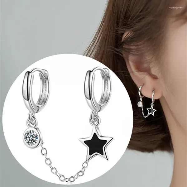 Boucles d'oreilles créoles Double percées en Zircon, étoile, clou d'oreille, chaîne en métal, pendante pour femmes et filles, bijoux de personnalité à la mode