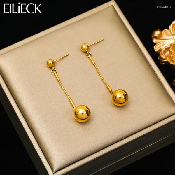 Pendientes de aro Eilieck 316L Bolas de acero inoxidable Pareds largas para mujeres Moda Moda de oro Color de oro Drop de joyas impermeables