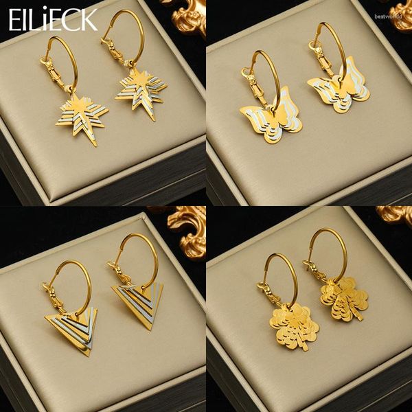 Boucles d'oreilles créoles EILIECK 316L en acier inoxydable multicouche étoile Triangle feuille papillon pour femmes fille mode étanche oreille bijoux cadeau