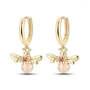 Pendientes de aro elegantes de Plata de Ley 925 con ala dorada y flor de abeja para mujer, accesorios de joyería exquisitos para banquete a la moda