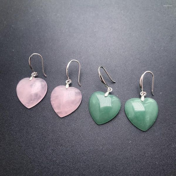 Boucles d'oreilles créoles élégantes en argent Sterling 925 Quartz Rose naturel vert jade grand coeur pierre précieuse pour les femmes fête d'anniversaire cadeau mignon