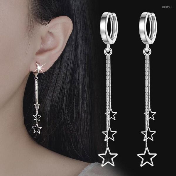 Boucles d'oreilles créoles élégantes trois étoiles pour les femmes 925 bijoux de fête en argent Sterling belle longue boucle d'oreille à pompon