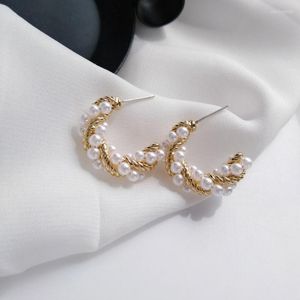 Pendientes de aro elegante Twist doble perla para mujer coreano dulce oro brazalete círculo pendiente aniversario niñas regalo 2023