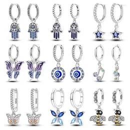 Boucles d'oreilles créoles en argent sterling 925 avec pendentif en forme d'abeille et papillon pour femme - Zircon cubique éblouissant - Bijoux fins de fête - Cadeaux