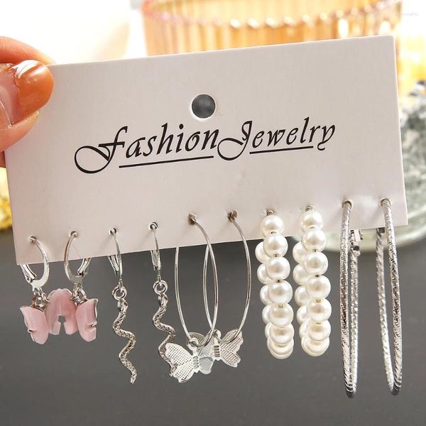 Pendientes de aro Fashion Big Silver Color Round Circle Pearl For Women Girls Snake Butterfly Arendería Delector Femenino Y2K Joyas