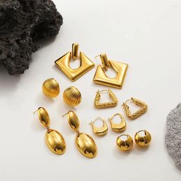 Pendientes de aro de acero inoxidable brillante y grueso para mujer, joyería Vintage con textura chapada en oro, círculo geométrico