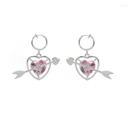 Pendientes de aro a la moda, Flecha de Cupido a través del corazón, circonita rosa, hebilla de oreja de amor, Plata de Ley 925 Original, mujer creativa