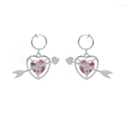 Boucles d'oreilles créoles en argent Sterling 925 pour femme, boucles d'oreilles à la mode, flèche de cupidon à travers le cœur, Zircon rose, boucle d'oreille d'amour, originale, créative