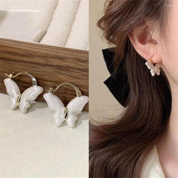 Pendientes de aro moda coreana mariposa blanca esmalte para mujer elegante oreja hebilla bodas joyería fiesta regalos 2023