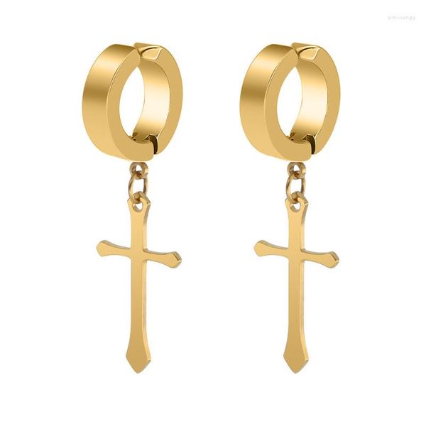 Pendientes de aro Moda Hombres Mujeres Cruz Color Plata Oro Negro Acero Inoxidable Agujero Jesús Spike Charm Huggie Joyería